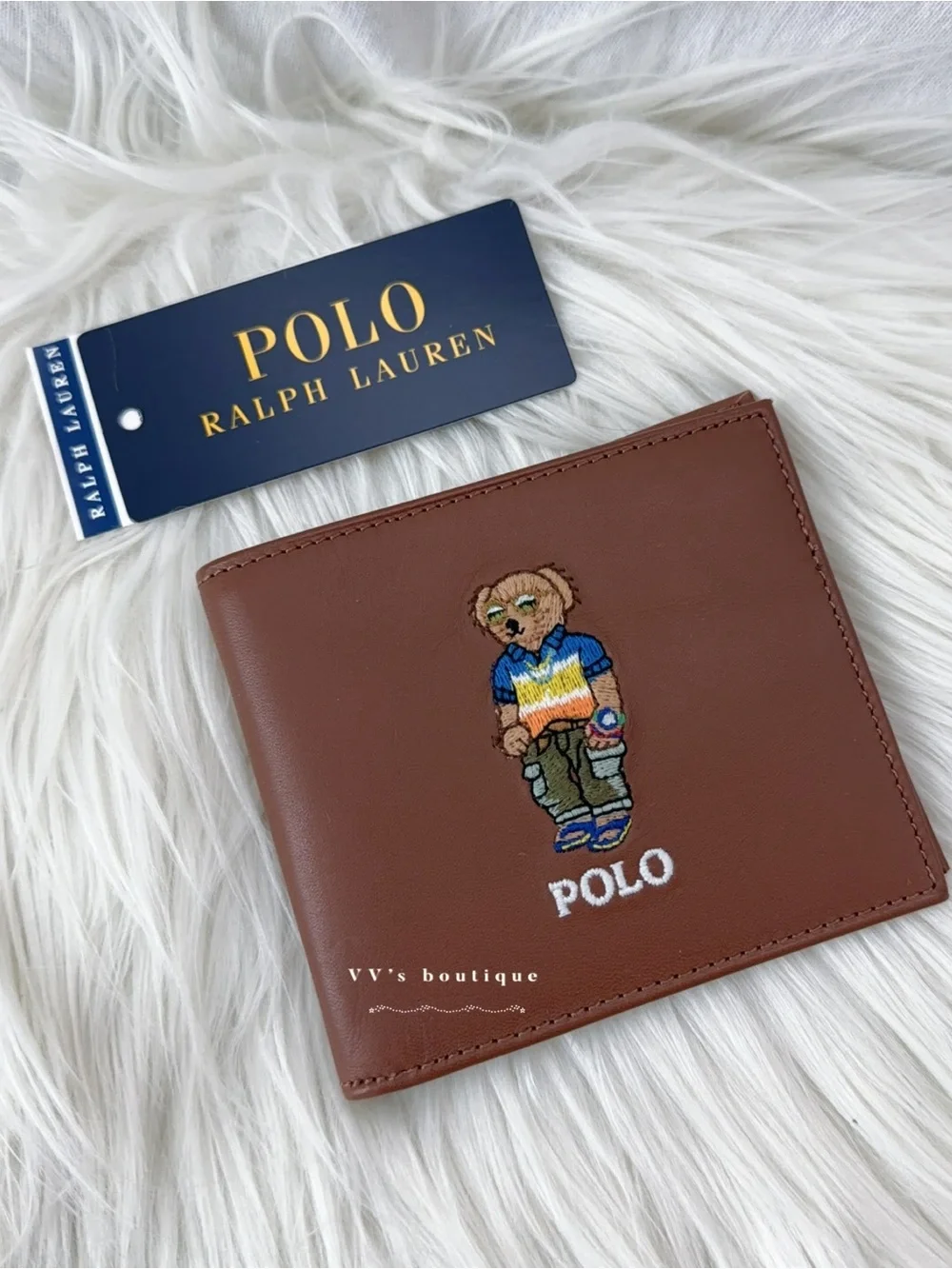 NWT Polo Ralph Lauren Bear Men Bifold Leather Billfold Wallet Brown